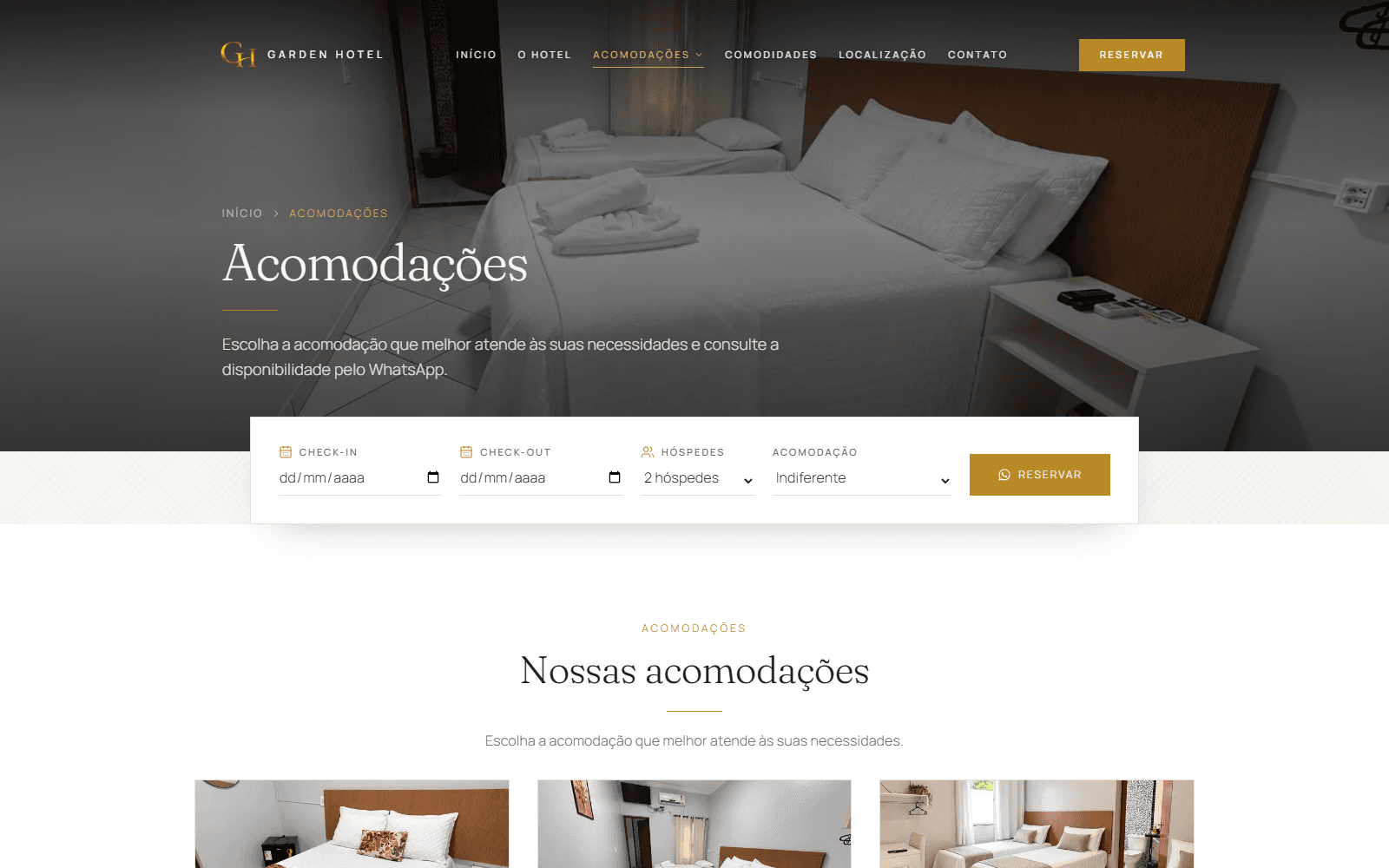 Página Acomodações do site Garden Hotel Cristalândia