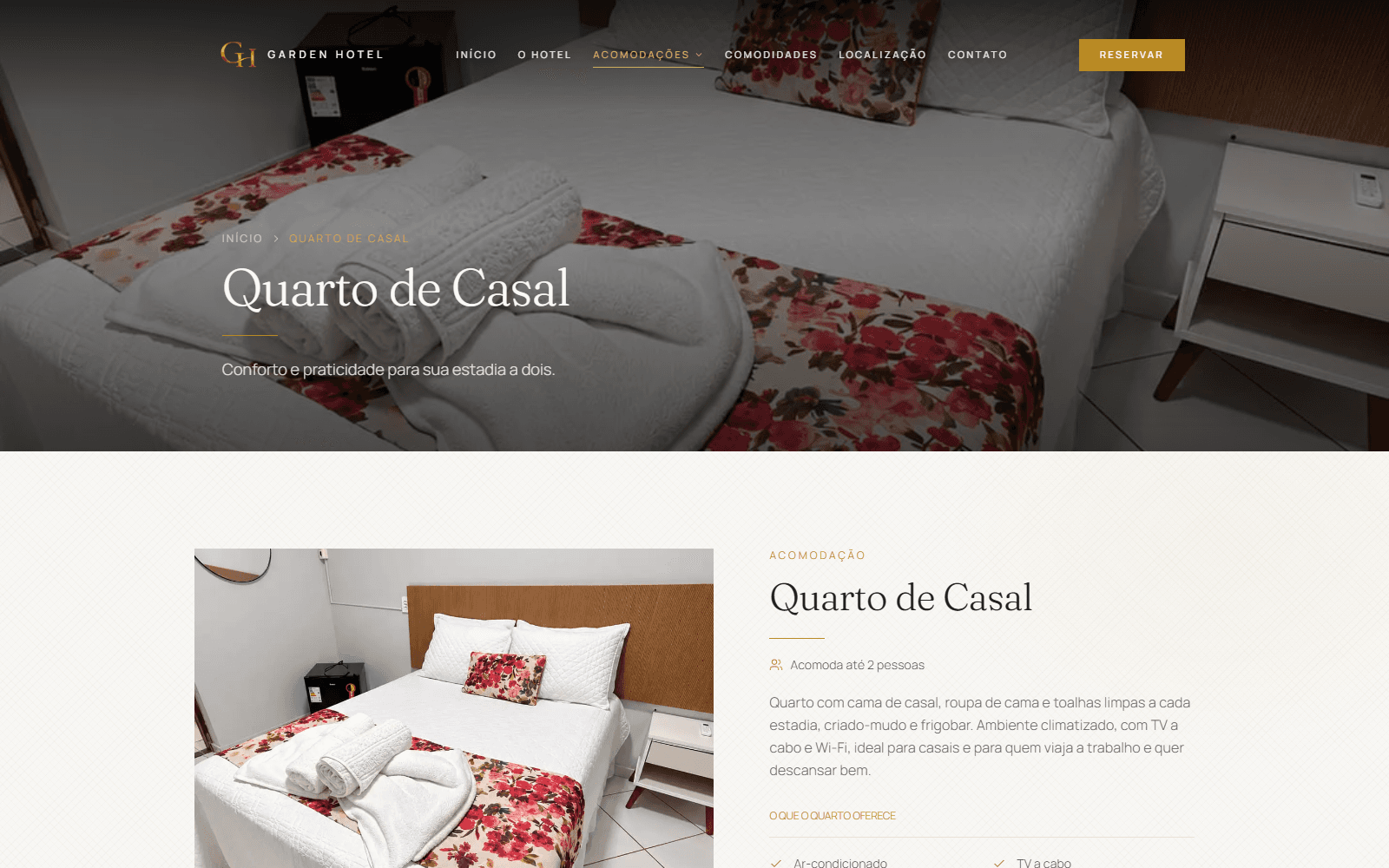 Página Quarto de Casal do site Garden Hotel Cristalândia