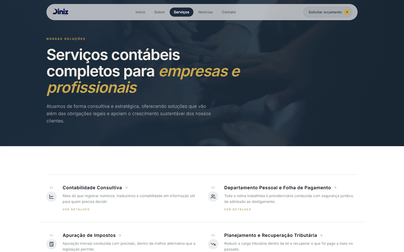 Página Serviços do site Diniz Contabilidade