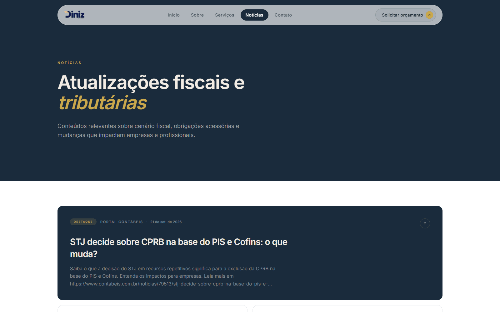 Página Notícias do site Diniz Contabilidade