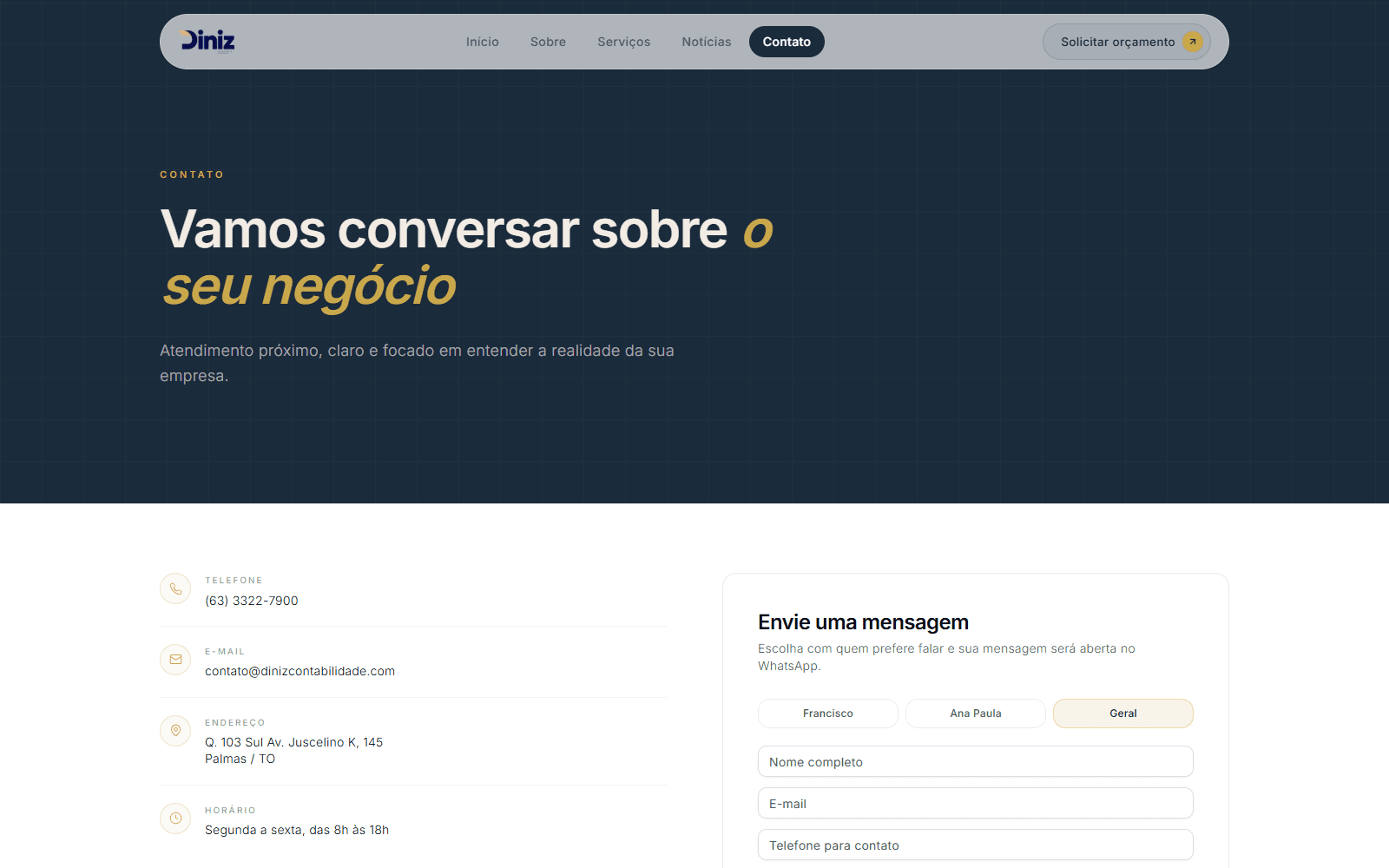 Página Contato do site Diniz Contabilidade