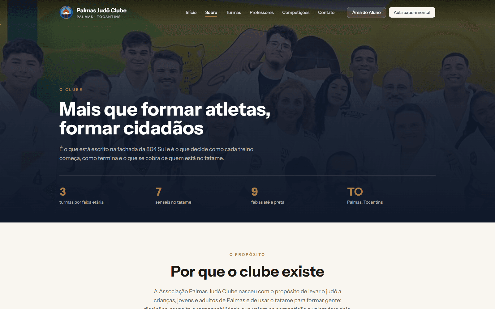 Página Sobre do site Palmas Judô Clube
