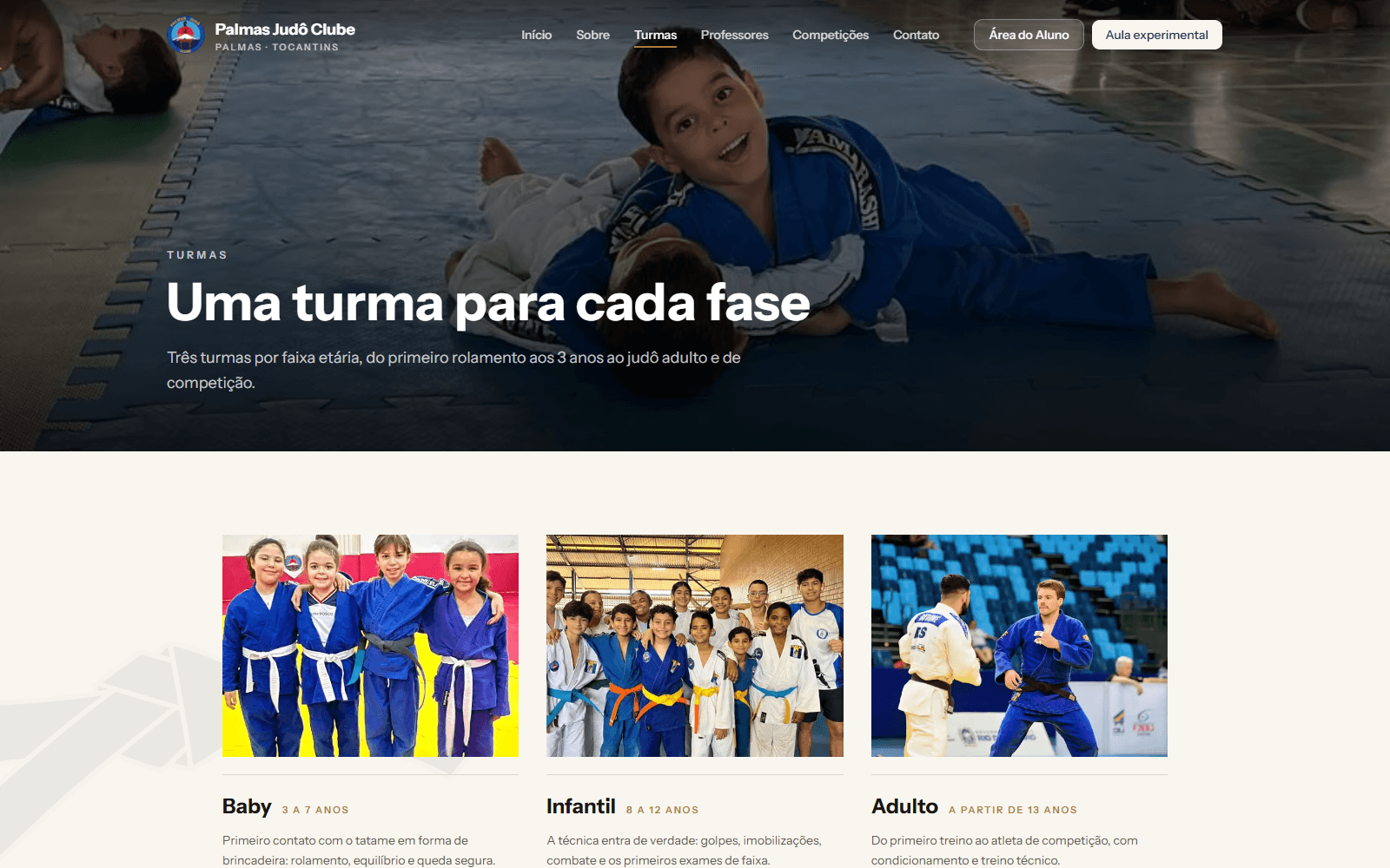Página Turmas do site Palmas Judô Clube